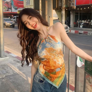 QY.Shop⭐️สินค้าราคาพิเศษ⭐️เสื้อคล้องไหมพรม ผูกมัดหลัง ใส่สบาย ดีเทลสายใส่ลูกปัด ลายสดใส "M1152"
