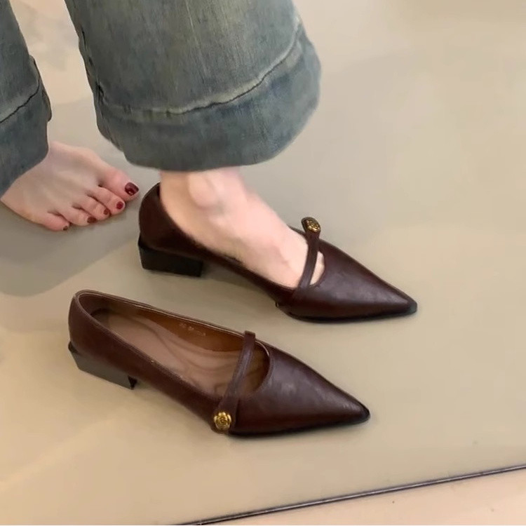 ผู้หญิง Classy ฤดูใบไม้ผลิปากตื้นรองเท้าส้นสูงส้นหนา Mary Jane รองเท้า Camellia รองเท้าหัวเข็มขัดแบน Pointed Toe Retro สไตล์ใหม่