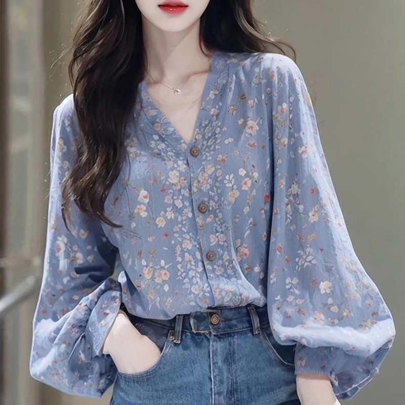 เสื้อเชิ้ตแขนยาวลายดอกไม้สีน้ำเงินลายดอกไม้สไตล์ฝรั่งเศสในช่วงต้นฤดูใบไม้ร่วง