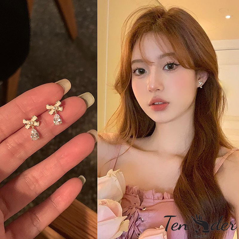 COD-ในไทย💖ต่างหูแฟชั่น Bowknot Pearl Drop Zircon สไตล์หรูหราแสง สำหรับผู้หญิง-Kri