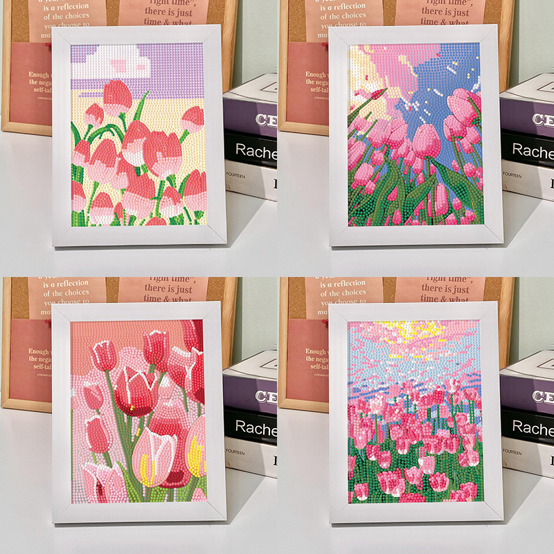 มีเฟรม ภาพครอสติสคริสตัล ทิวลิป ดอกไม้ diamond painting DIY ภาพวาดเพชร ภาพวาดเพชร/ภาพปักเพชร/ภาพวาดปักเพชร ภาพติดเพชรพร้