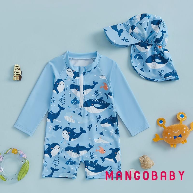 Mg-toddler Boy Rash Guard ชุดว่ายน้ําหมวก 2 ชิ้นชุดการ์ตูนรูปแบบปลาวาฬ Zip Up แขนยาวลูกเรือคอชุดว่ายน้ํา
