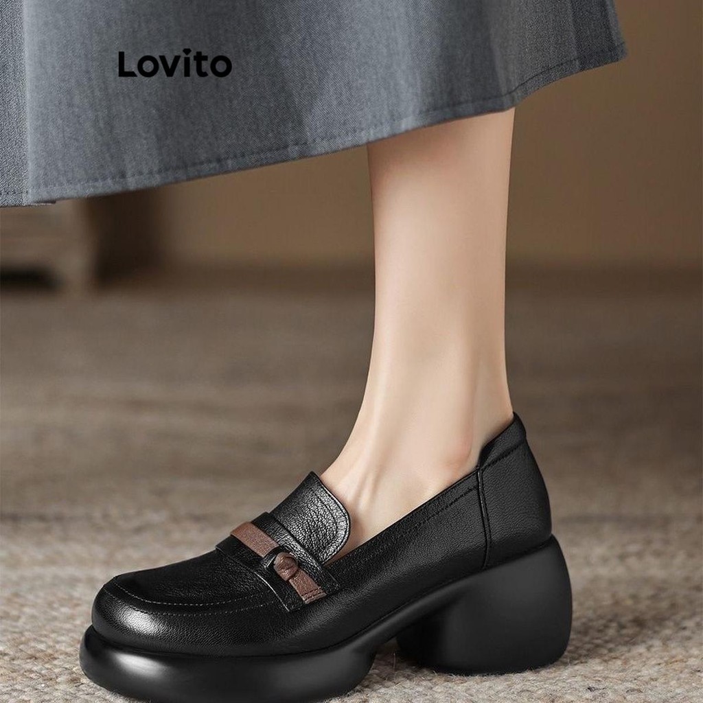 Lovito รองเท้าส้นสูงหัวกลมพื้นหนาสีพื้นหรูหราสําหรับผู้หญิง  LFA66318