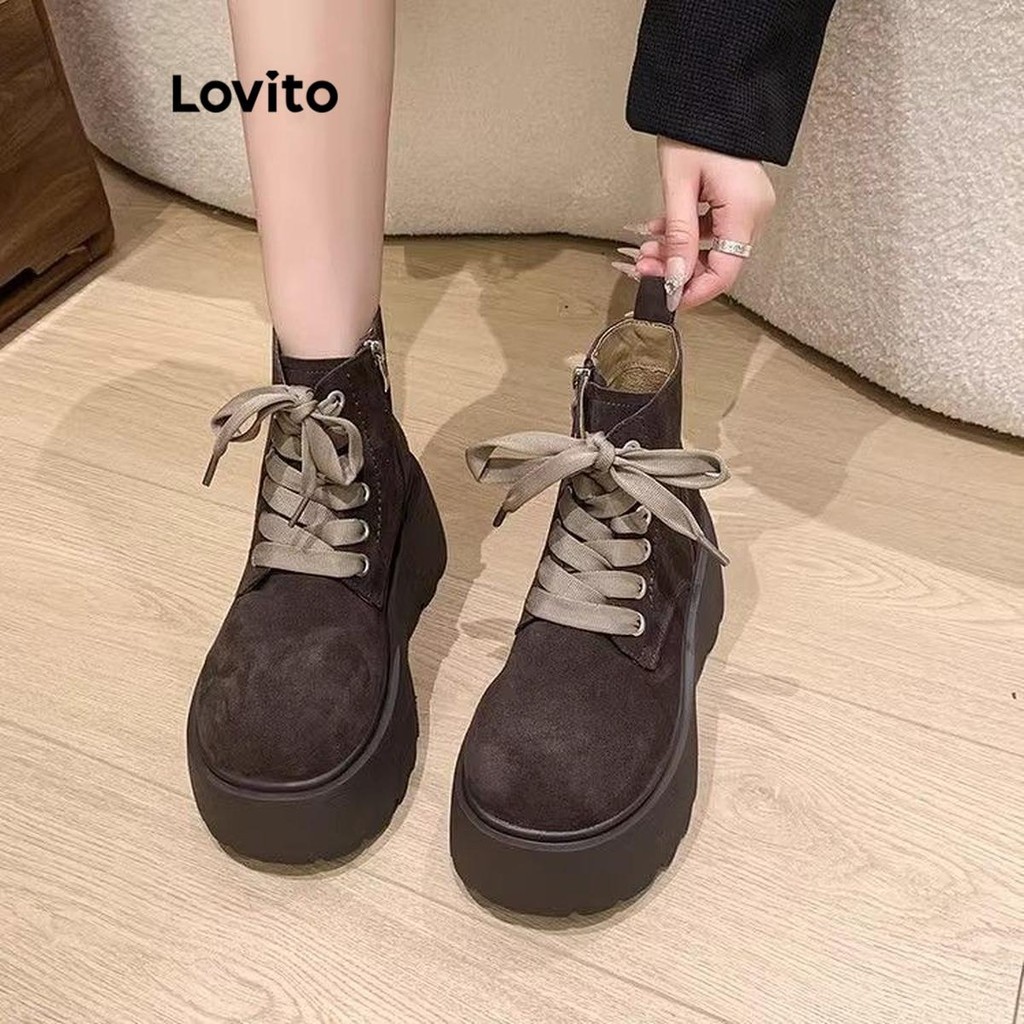 Lovito วินเทจวินเทจสีพื้นกลางหลอด Maillard อเนกประสงค์กระโปรงหนา Soled Martin รองเท้าแฟชั่น Boot สําหรับผู้หญิง  LFA60393