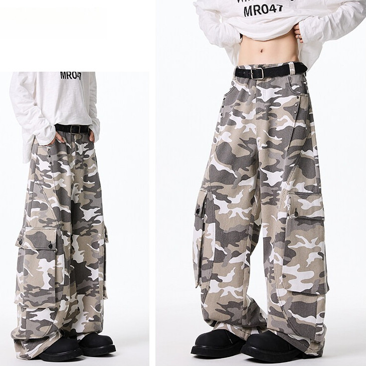 American Vintage Camouflage Pocket Cargo Slacks Mens Loose Straight-Leg Wide-Leg Pants Women