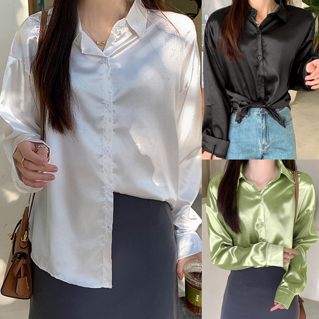 Suysuy พร้อมส่ง เสื้อเชิ้ต แขนยาว คอปก ผ้าซาติน ลื่นๆ ใส่สบายมาก ดีไซน์เว้าเอว ทรงสวยเก๋มาก แมทซ์ได้กับทุกลุคทุกสไตล์