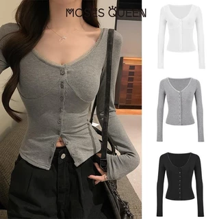 < MOSESQUEEN > อเมริกันสาวร้อนคอวีขอบลูกไม้แขนยาวถักเสื้อสเวตเตอร์ถักหญิงฤดูใบไม้ร่วงสลิมสั้นด้านในสวมใส่อารมณ์สีดํา Bottoming เสื้อ #62831