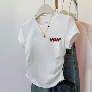 เสื้อยืดแฟชั่นเกาหลีแขนสั้น เสื้อรัดรูปสีขาว เสื้อยืดผู้หญิงน่ารักๆ คอกลม เสื้อยืดผู้หญิง พิมพ์ลาย สไตล์ลำลอง