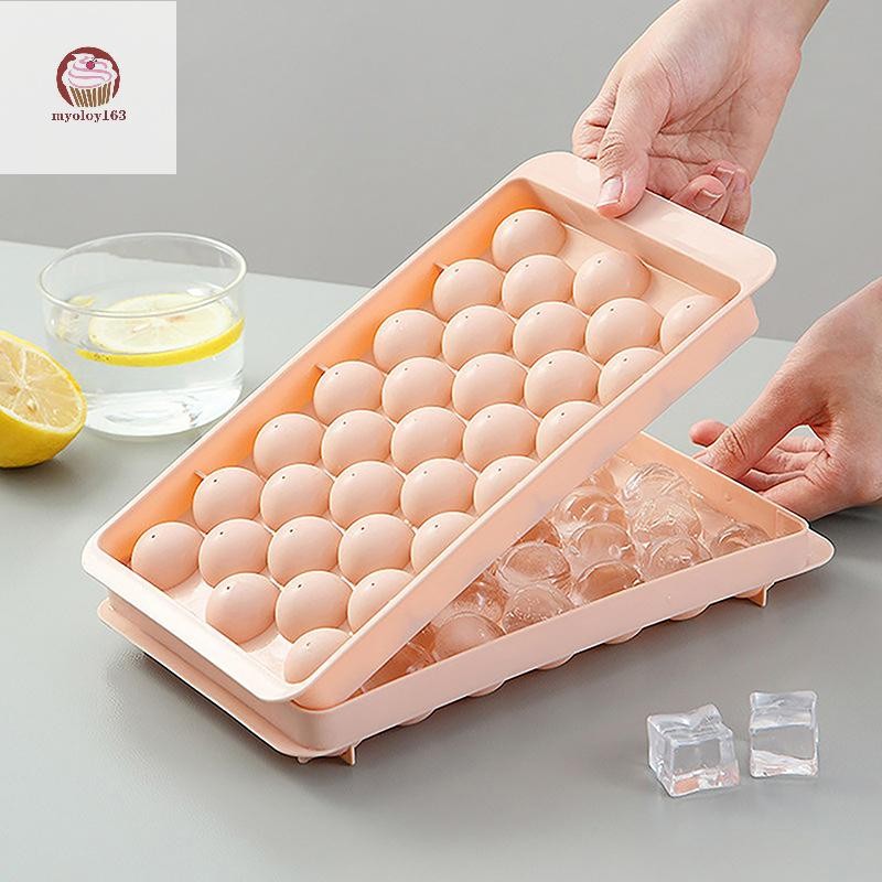 Myoloy ถาดกลม 3D พร้อมฝาปิดสไตล์พลาสติกแม่พิมพ์น้ําแข็งตู้เย็นทรงกลม DIY Moulds เครื่องทําน้ําแข็งเครื่องมือห้องครัว TH