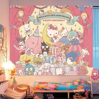 ผ้าพื้นหลัง Agirl Sanrio Ins น่ารัก My Melody ผ้าแขวน Kuromi Girly Heart Cinnamoroll ผ้าผนังหอพัก