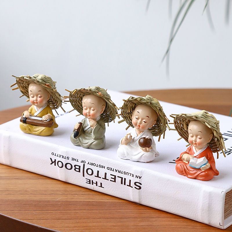 [4 ชิ้น] หมวกฟางสร้างสรรค์พระภิกษุสงฆ์น้อยเครื่องประดับใหม่จีนเซนห้องนั่งเล่นสํานักงานสก์ท็อปตกแต่งเ