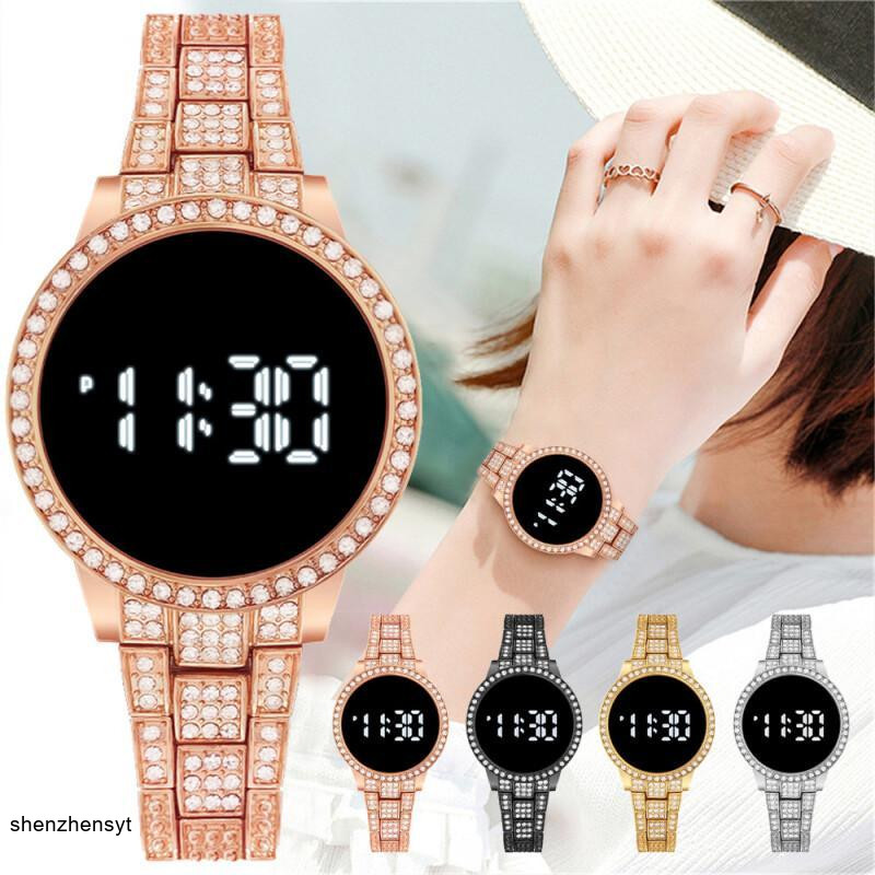 นาฬิกาข้อมือดิจิทัล หน้าจอสัมผัส LED สายเหล็ก ประดับเพชร แฟชั่นสําหรับสตรี