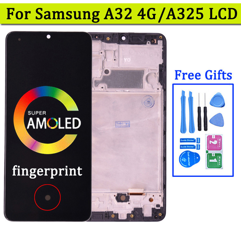 Super AMOLED สําหรับ Samsung A32 4G LCD สําหรับ Samsung A325 A325F SM-A325F/DS จอแสดงผล LCD กรอบ Tou