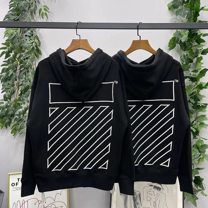 WLPY OFF WHITE Embroidered Striped Hoodie Men and Women Couple Loose Cotton Black Top