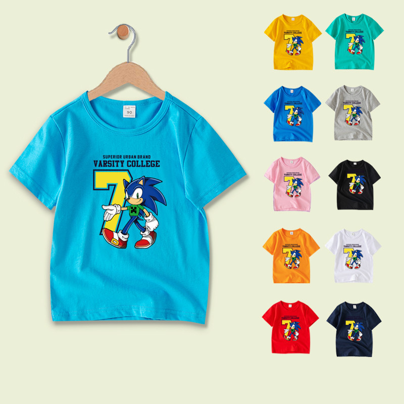 เสื้อยืดแขนสั้น คอกลม ผ้าฝ้าย 100% ลายการ์ตูนโซนิค 8 สี สําหรับเด็ก NNEE022