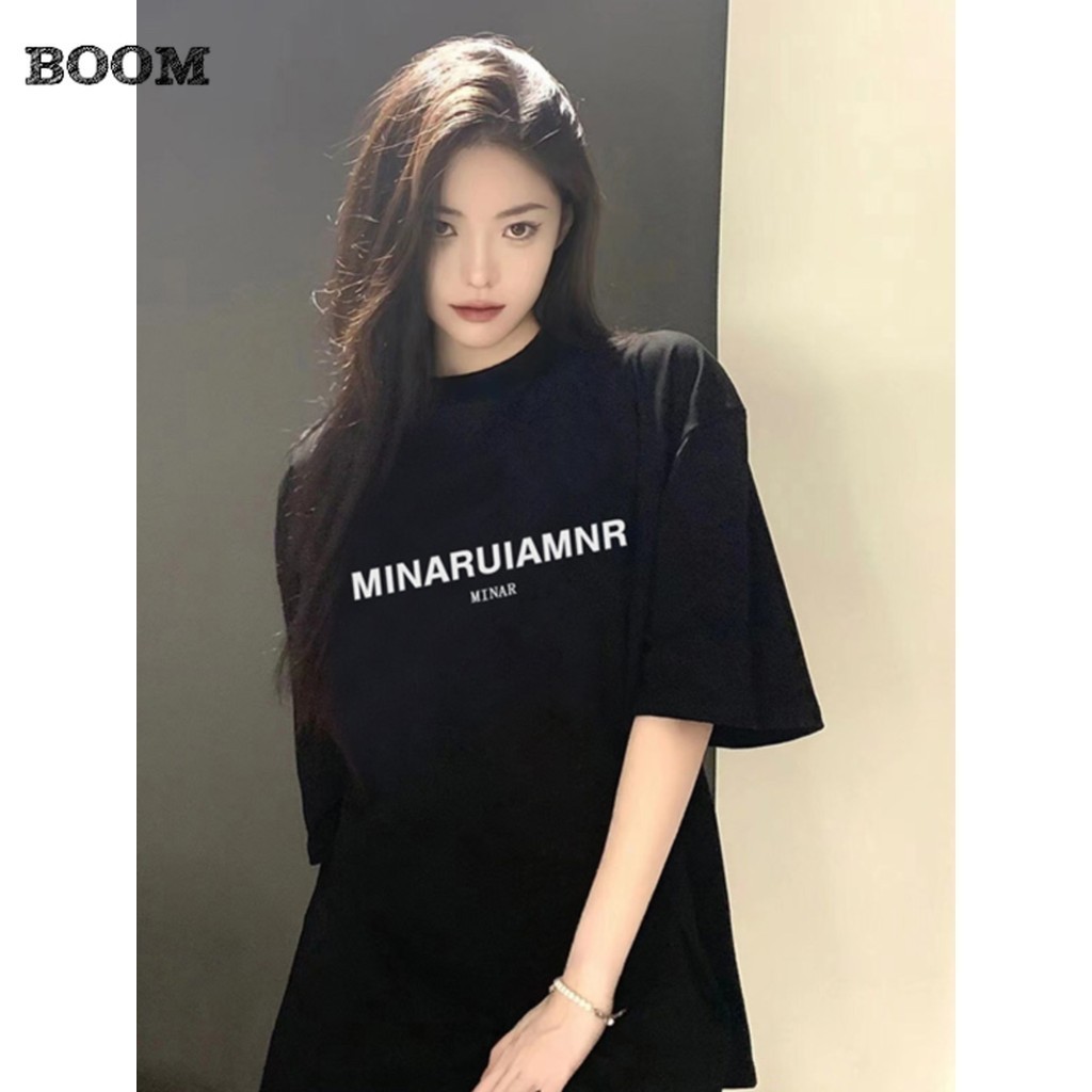 BOOM Shop ผ้าฝ้ายสีดำแขนสั้นเสื้อยืดผู้หญิงไหล่บวกฤดูร้อนใหม่พอดีหลวม oversize สไตล์อเมริกันวินเทจลำลองด้านบน