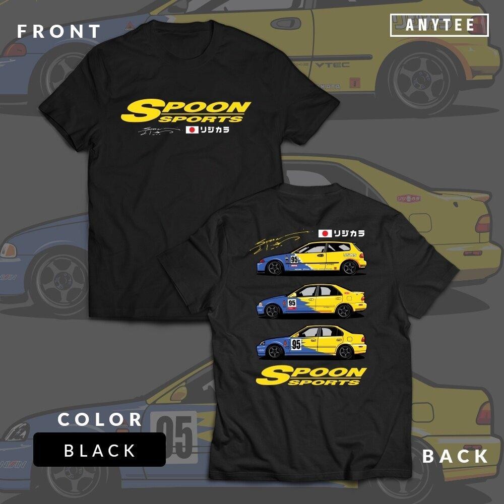 ย้อนยุคการออกแบบเดิมHonda Civic Spoon SportsEG EK ESI JDM Japan Car Automotive T Shirt ANYTEEเสื้อยืดพิมพ์ลายรถสีดำเรียบ