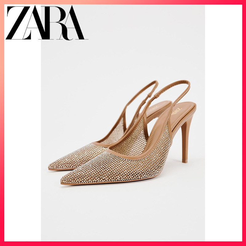 Zara ฤดูใบไม ้ ผลิผลิตภัณฑ ์ ใหม ่ รองเท ้ าผู ้ หญิงแฟชั ่ น Glossy Mesh Slingback รองเท ้ าส ้ นสูง