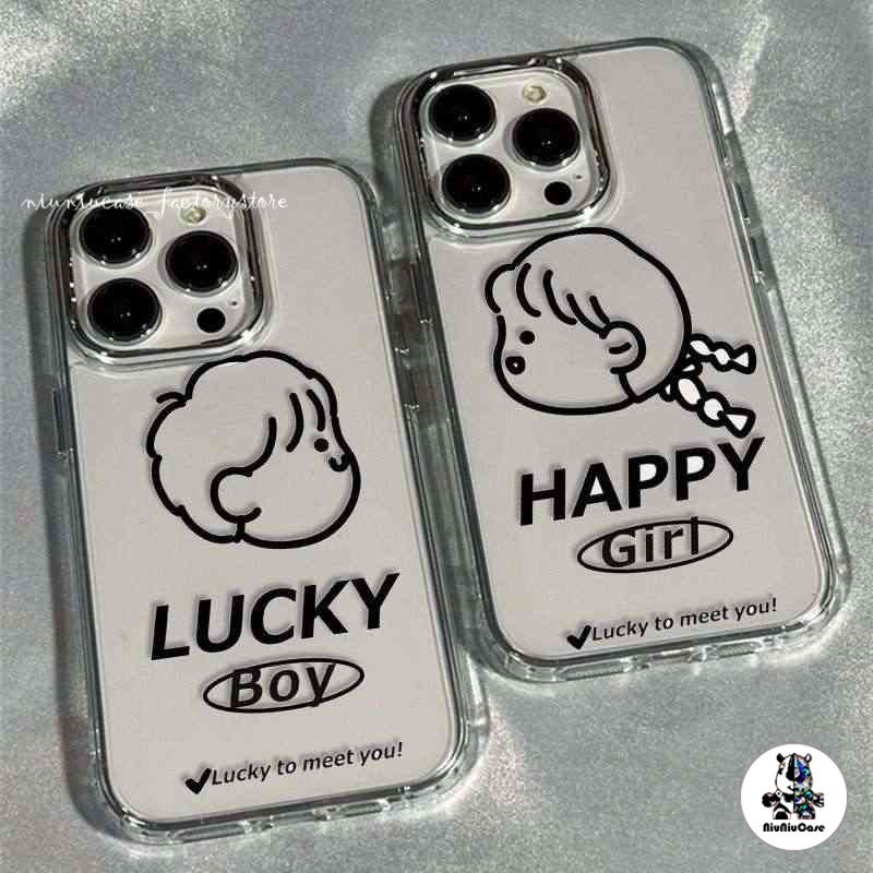 สำหรับ iPhone 13 12 14 11 15 Pro Max XR X Plus XS SE 7 เด็กชายและเด็กหญิงรูปแบบการ์ตูนกรอบรูปโลหะกรณีโทรศัพท์เคสไอโฟนคู่