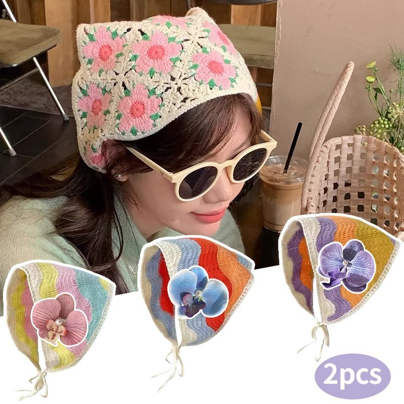 Ins ดอกไม้ทอหัวผ้าพันคอสายรุ้งสี Headbands สีสันหวานผ้าพันคอสามเหลี่ยมฤดูร้อนแฟชั่น Photo Prop เครื่องประดับผม