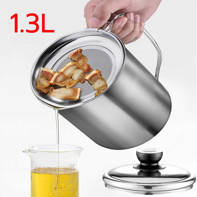 หม้อกรองน้ำมัน 1.3L ทนต่อความร้อ พร้อมตะแกรงกรอง มีฝาปิดและที่จับ