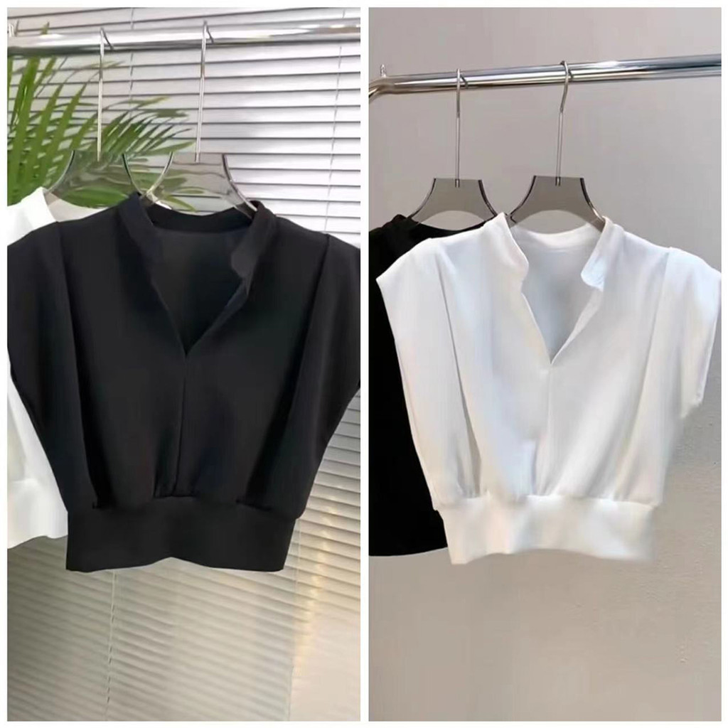 เสื้อยืดแฟชั่นแขนสั้น สำหรับฤดูร้อน เสื้อครอปแขนล้ำสีพื้น