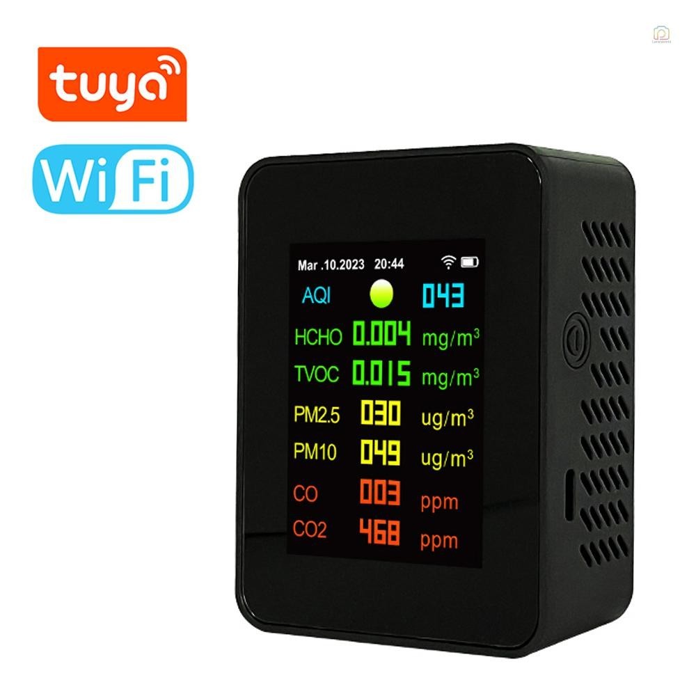 Tuya Wifi แบบพกพา Air คุณภาพเมตร 7in1 PM2.5 PM10 คาร์บอนออกไซด์ CO2 TVOC HCHO AQI เครื่องทดสอบ TFT หน้าจอสีเครื่องตรวจจับคาร์บอนไดออกไซด์พร้อมเวลาและวันที่ฟังก์ชั่นจอแสดงผล