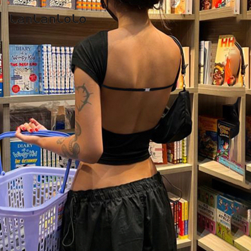 Lanlanlolo ผู ้ หญิง 2024 สีทึบแฟชั ่ น Backless Crop คอแขนสั ้ นรอบคอเซ ็ กซี ่ เสื ้ อยืด