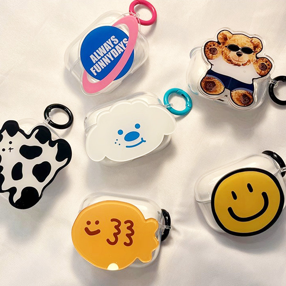Ins แฟชั่นการ์ตูนหูฟังพร้อมพวงกุญแจสีสําหรับ Airpods 1 2 3 Airpod Pro 2 Smile Face Bear หูฟังไร้สายบลูทูธ Hard Anti-drop ชุดหูฟังฝาครอบป้องกัน