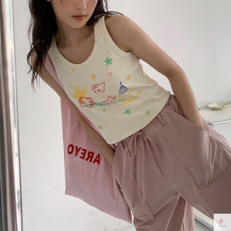 ภาพวาดสีน้ำมันน่ารักพิมพ์เสื้อกั๊ก Dopamine Camisole สาวเผ็ดสั้นเสื้อแขนกุด VIDO