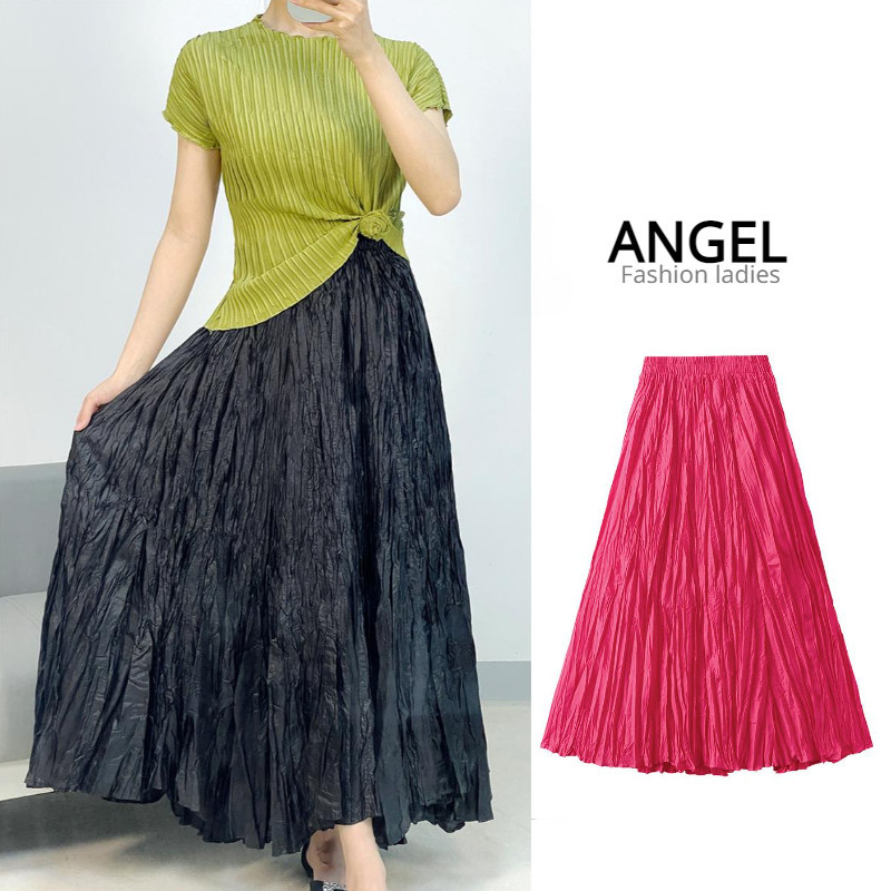 [ 16 สี ]ANGEL แฟชั ่ นผู ้ หญิง midi กระโปรงสีทึบพับกระโปรงเอวสูง A-line สีดําบางขนาดใหญ ่ แกว ่ งกระโปรงยาวสําหรับผู ้ หญิง