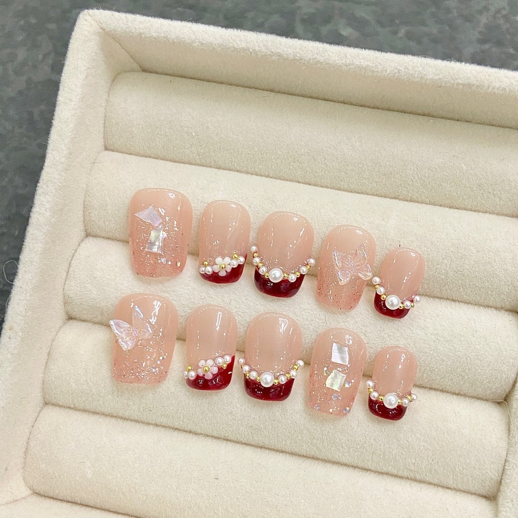 HANDMADEArtificial Nail Icy Butterfly French Pearl Necklace Phototherapy Nails เล็บปลอม เล็บนํากลับม