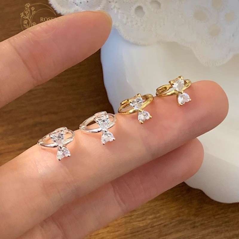 Roselife เกาหลี S925 เงินน ่ ารักคริสตัลโบว ์ Hoop ต ่ างหูสําหรับสาว Hypoallergenic เจาะรอบหูเครื ่ องประดับ