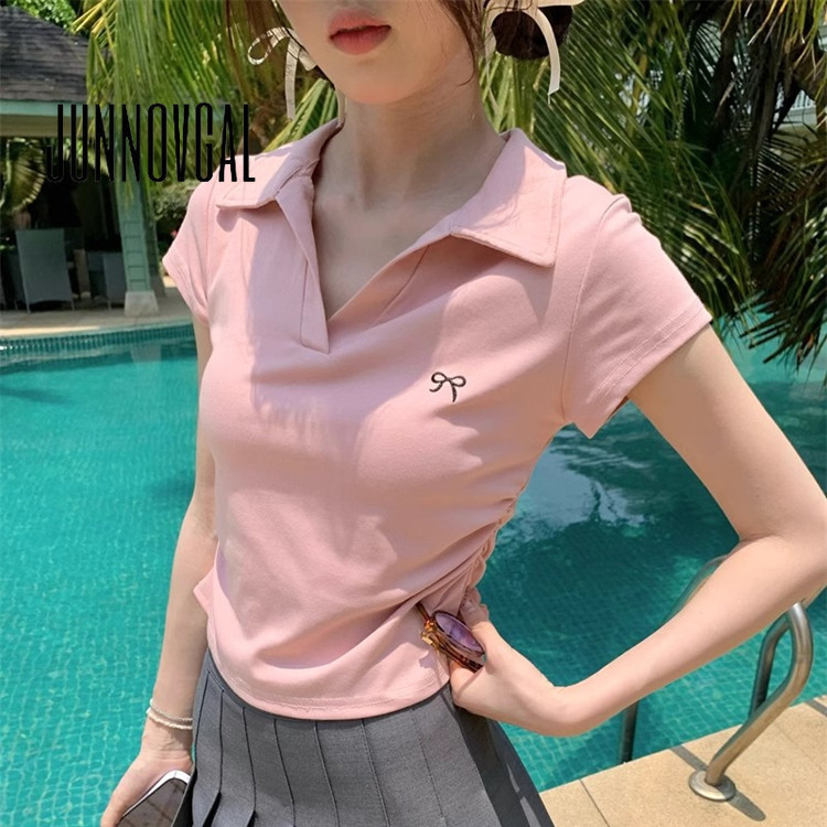 Junnovgal เสื ้ อโปโลผู ้ หญิง All Match 2024 สีทึบเรียบง ่ ายสไตล ์ ใหม ่ แขนสั ้ น