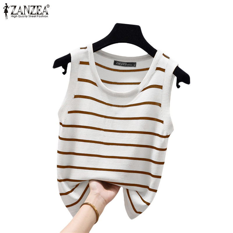 ZANZEA ซานเซีย ผู้หญิงเกาหลีลําลองคอกลมแขนกุดลายถักหลวมถัง