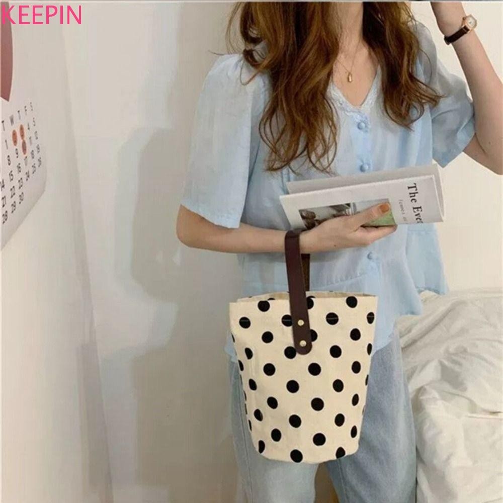 Keepin Polka Dot Canvas Bucket Bag, Wave Point Large Capacity Handbag, Simple Lunch Bag Korean Style Tote Bag Mummy Bag Storage Bag