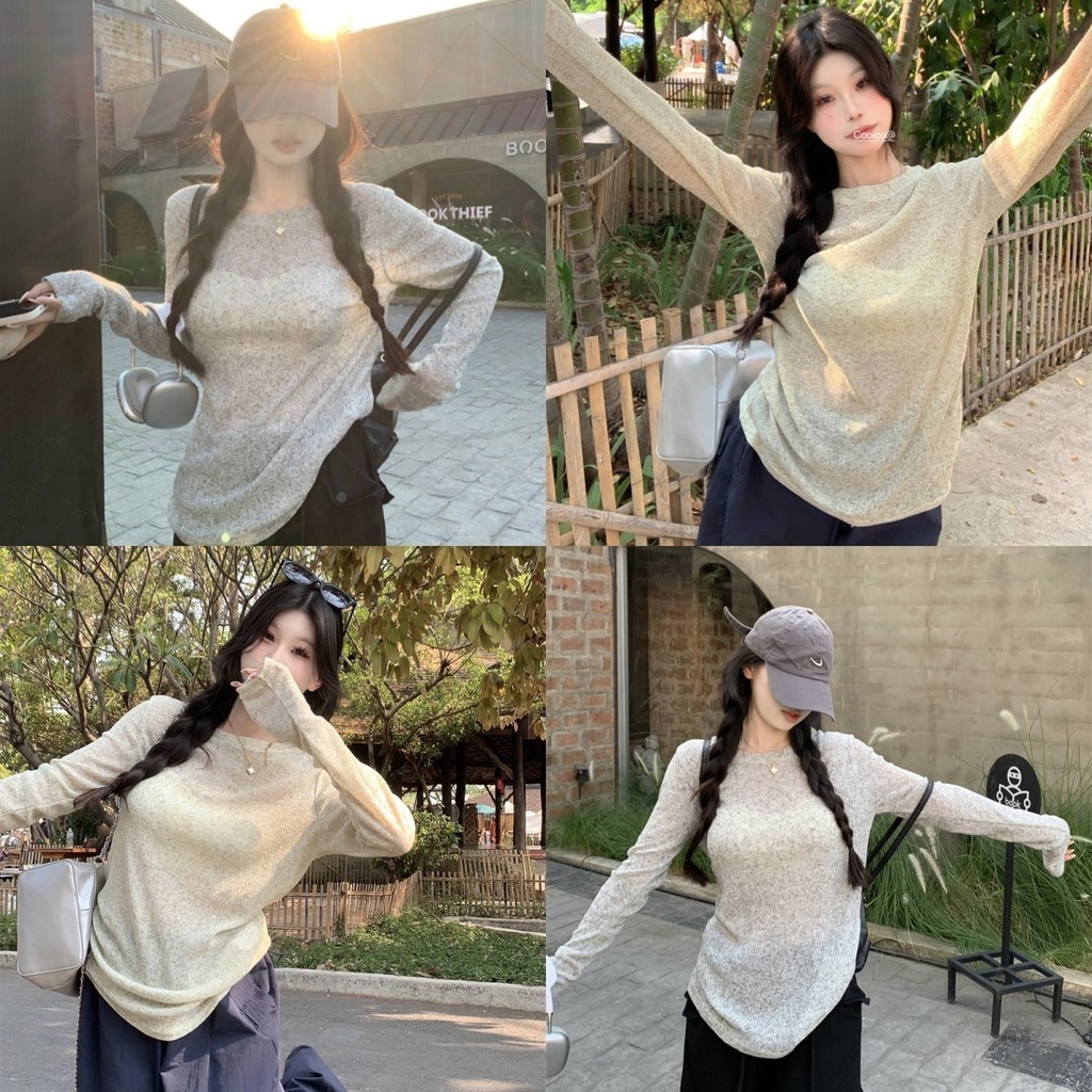 Anne เสื้อยืดผู้หญิง ผ้าเรย่อน คอกลม กันแดด เสื้อแขนยาว ดีเทลซีทรูบาง #81135