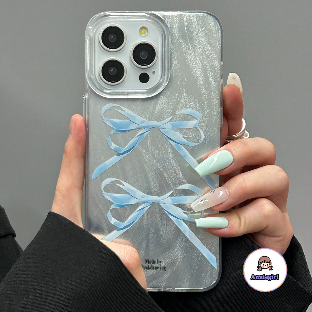 Ins ริบบิ้นสีฟ้า Bowknot Feather เส้นด้ายเคสโทรศัพท์สําหรับ IPhone 11 15 14 Pro Max 12 13 Promax 14 Plus XS XR 7 8plus Silvery ป้องกันรอยขีดข่วนโทรศัพท์ปกหลัง
