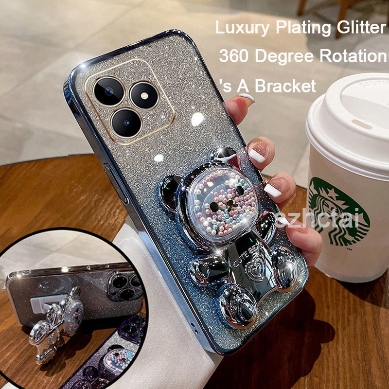 เคส Realme Note 50 C51 C53 แฟชั่นแฟลชชุบโทรศัพท์กรณีสำหรับ กรณีโปร่งใสที่มีวงเล็บหมุน 360 องศา เคสโท