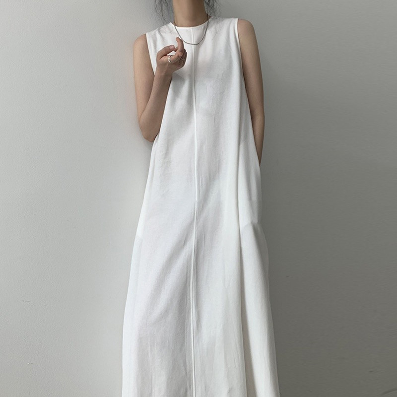 เกาหลี Minimalist Niche รอบคอหลวมยาว Over-the-Knee ขนาดใหญ่ Hem เสื้อกั๊กชุดกระโปรงยาวหญิงกํามะหยี่ 