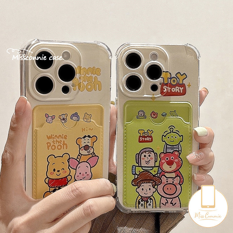 หรูหรากระเป๋าสตางค์ช่องใส่การ์ดกรณีใสเข้ากันได้สําหรับiphone 11 12 13 14 15 Pro Max XR 6 6s 15 7 8 Plus X XS Max SE 2020 การ์ตูนToy Storyน่ารักวินนี่เดอะพูห์Lotsoหมูสร้อยข้อมือปก