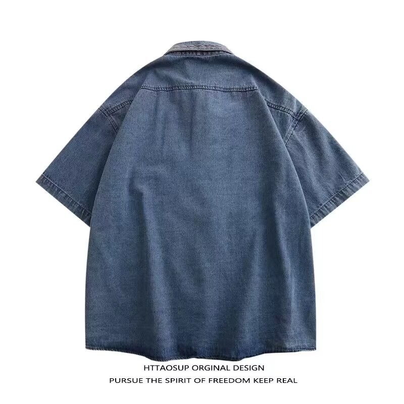 SDFMC002542 เสื้อเชิ้ตผู้ชายฤดูร้อน 2024 ใหม่ผ้ายีนส์แขนสั้นแฟชั่นแบรนด์หลวมทุกการแข่งขันสบายๆ — صورة 3