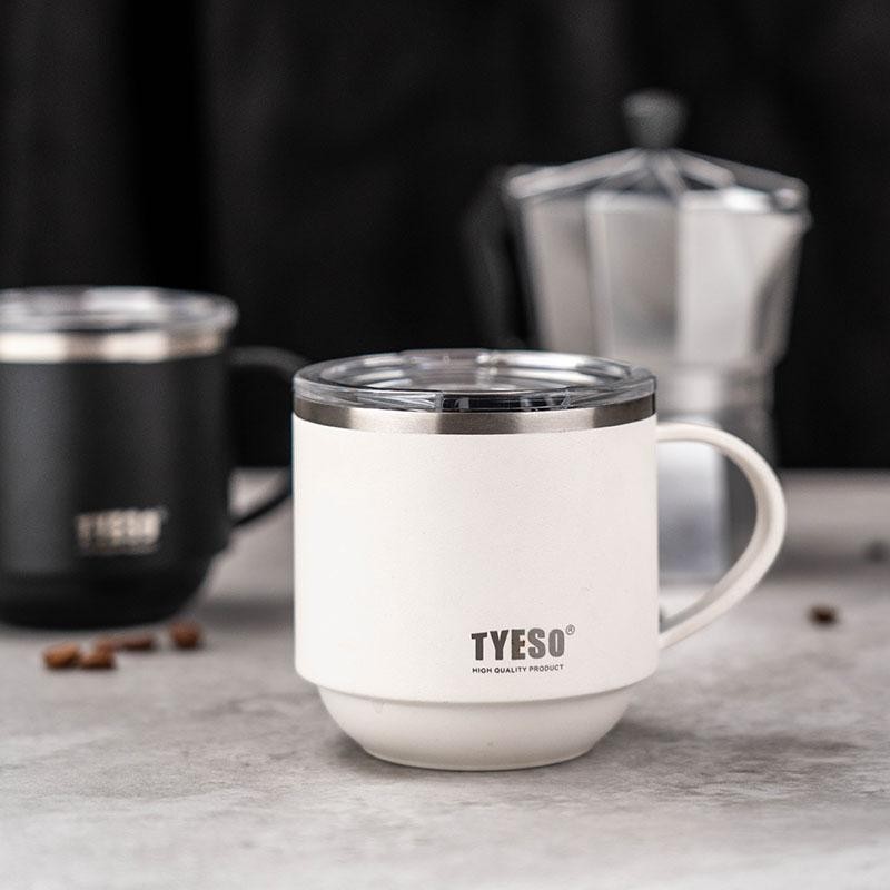 TYESO STACK แก้วน้ำสแตนเลส ขนาด 330 มล. มีหูจับ มีฝาปิด วางซ้อนกันได้ เก็บอุณหภูมิได้ทั้งร้อนและเย็น