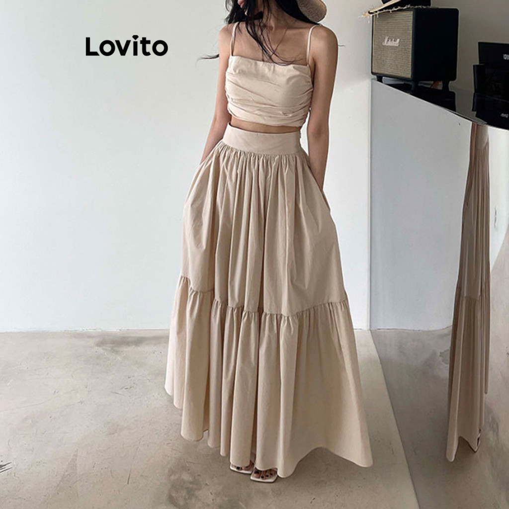 Lovito ชุดเซ็ทกระโปรงผู้หญิง แต่งจีบ สีพื้น สไตล์ลำลอง LNA54289
