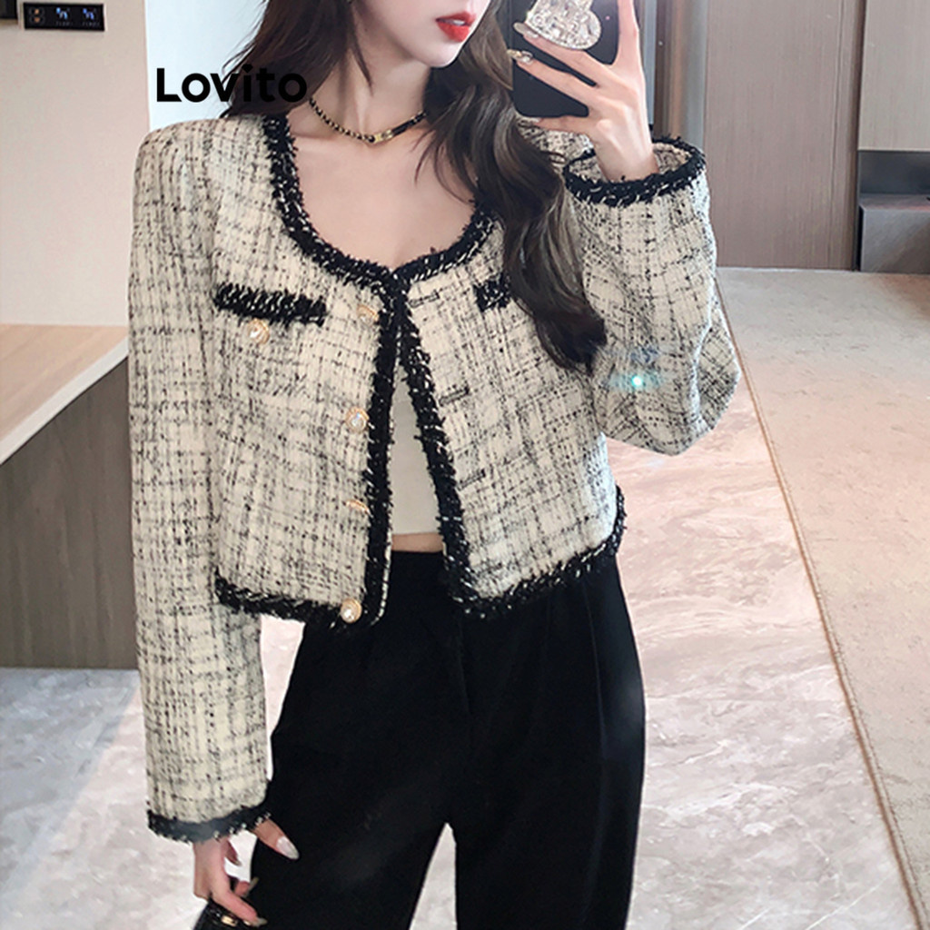 Lovito เสื้อโค้ทผู้หญิง แต่งกระเป๋าปลอม มีกระดุม คัลเลอร์บล็อก สีพื้น สไตล์ลำลอง LNA34139 (สีดำและสีขาว)