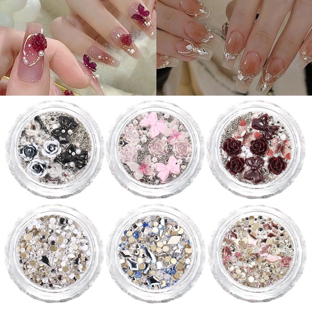 ใหม่สไตล์อุปกรณ์ทําเล็บวัสดุแพ็คน่ารัก ดอกเคมีเลีย โบว์แต่งเล็บเพชรลูกเหล็กมุกผสมตกแต่ง