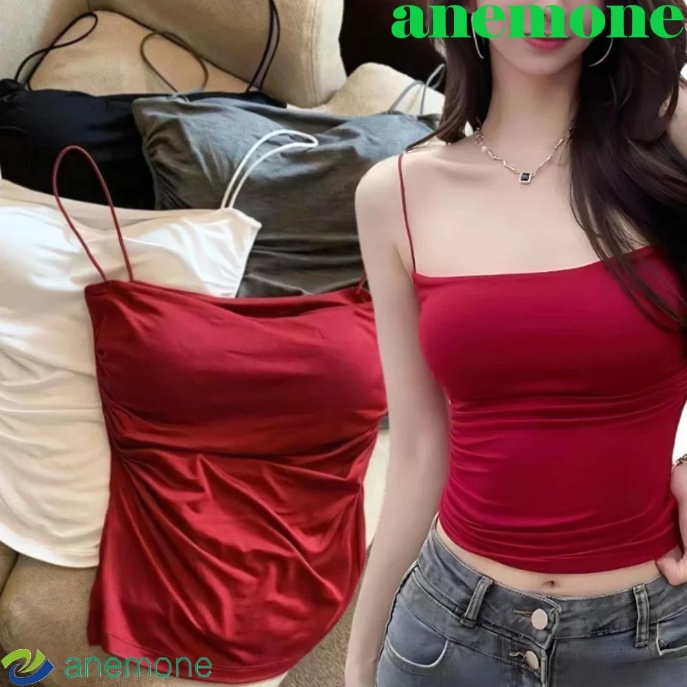 Anemone Bra พร้อมแผ่น Camisole, สีทึบสายคล้องคอ Skinny ฐานเสื้อกั๊ก,แฟชั่นห่อหน้าอก Bra Halter Slim Fit แขนกุด Bralette Crop Tops ฤดูร้อน