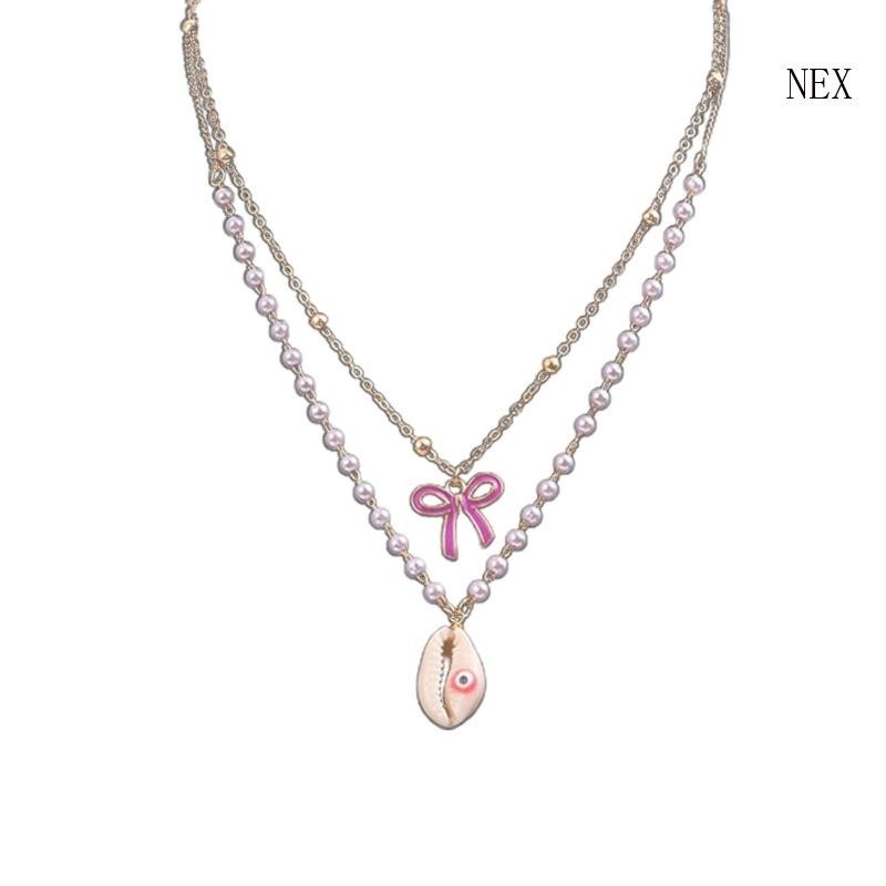 Nex Bohemian Bowknot Shells Layered Necklace Elegant Choker Y2K Pearl Beaded Evil Eye Charm Clavicle Chain Summer Jewelr