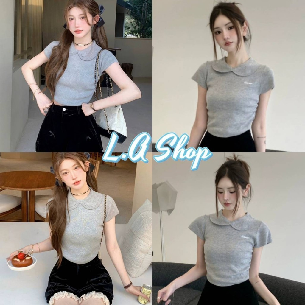 L.A Shop​-​พร้อมส่ง เสื้อยืดครอปแขนสั้น คอปก น่ารักที่สุด มีสองแบบ เรียบๆกับมีสกีน สีพื้น "H29/H29-1