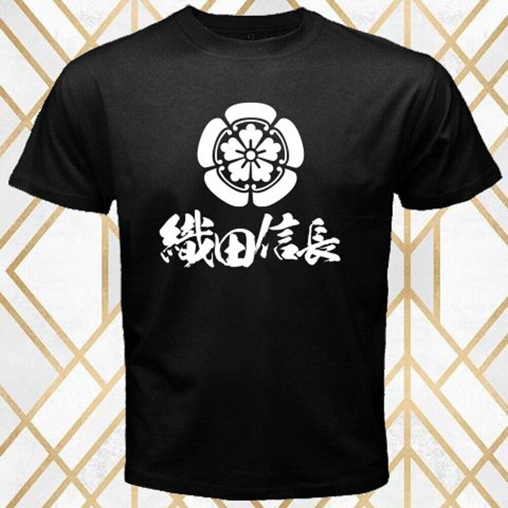 เสื้อยืดสีดําผู้ชาย Shogun Daimyo Oda Nobunaga Logo ของญี่ปุ่น